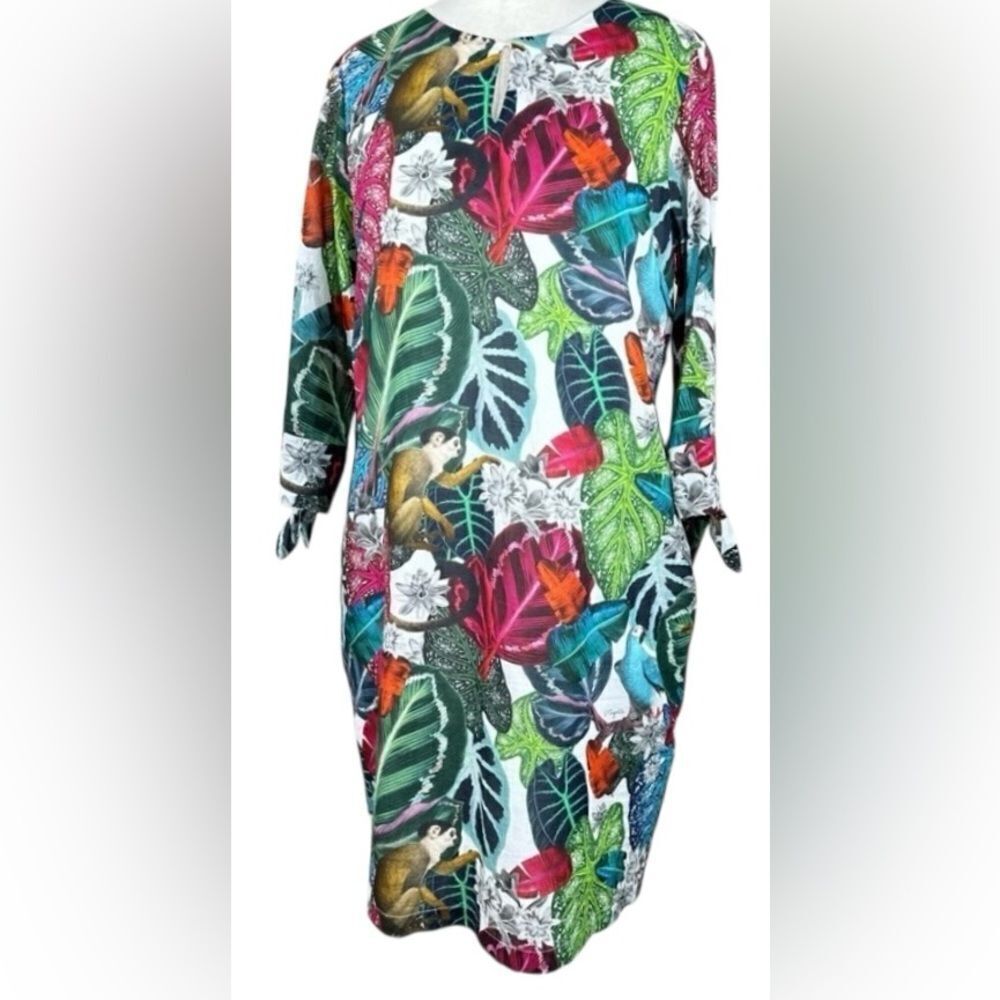 Vilagallo Sz 38 Green Rainforest Tropical Print Lined Flared Cuff Tie Dress